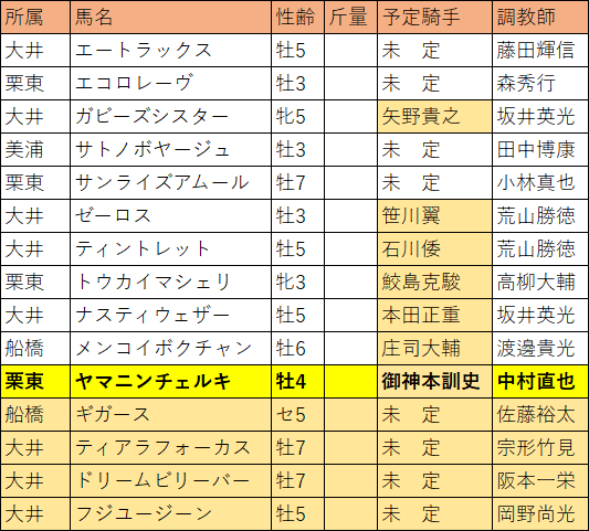 東京盃・出走予定馬R2